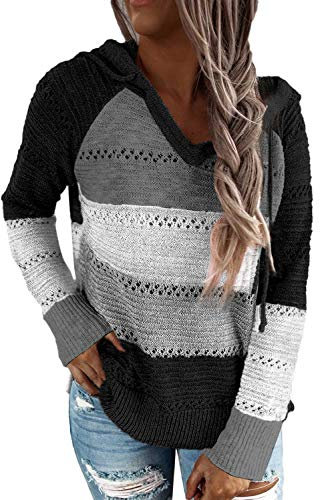 GOLDPKF Jogginganzug Damen Langarmshirt Farbblock Kapuzenpullover Gestreift Hoodie Entspannt Sweatshirt mit Kapuze Lässiger Hohlpullover Oversize Hoodie Damen Schwarz L 44-46