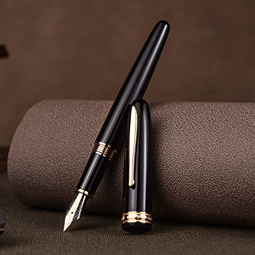 Hongdian 1841 Fountain Pen Extra Fine Nib Black Resin Classic Writing Instrument with Metal Pen Case