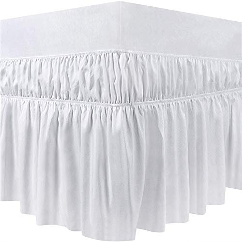 Gefalteter Bettrock Bettvolant Bettrock mit Rüschen Elastischer Staub-Rüschen Ruffled Solid Bed Rock, Wrap Around Style, Elastische Bett Wrap Ruffle Bett Rock (Queen 150 x 200 x40 cm, Weiß)
