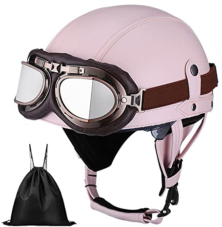 Casque de Moto Vintage Cuir Retro Vintage Scooter Open Face Demi Cuir avec visière Lunettes ECE Bols pour Homme et Femme Adultes Demi-Casques avec Sac de Rangement