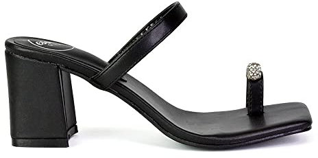 ESSEX GLAM Womens Low Block Heel Sandals Ladies Square Toe Diamante Slip On Sandals Size 3-8 Black Pu
