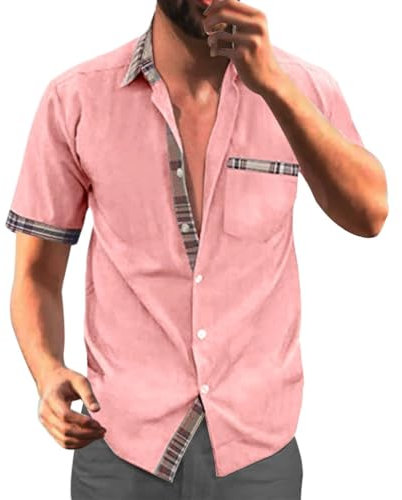 Minetom Chemisette Homme Plage Chemise Manches Courtes Business Slim Fit Carreaux Imprimé DéContracté Tops Blouse avec Poche Poitrine A Rose XXL