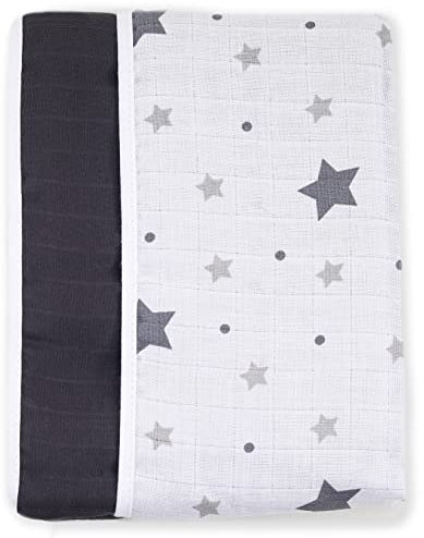 FENSILO Musselin Babydecke Baumwolle – zweilagige Swaddle 100x 145 cm, Baby Kuscheldecke oder Kinderwagendecke aus 100% Baumwollmusselin, weich und atmungsaktiv, Grau Sterne Decke
