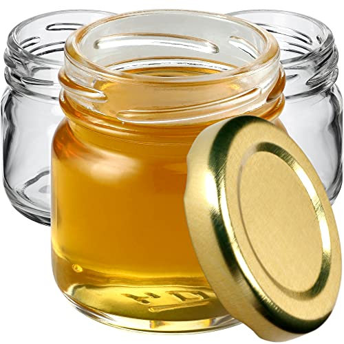 KADAX 100st Mini Gläser 40 ml mit Schraubdeckel fi 43mm, Einmachglas, Gewürzgläser mit Deckel, Sturzglas, Probiergläser, Marmeladengläser, kleine Honiggläser (100 Stück, Gold Deckel)