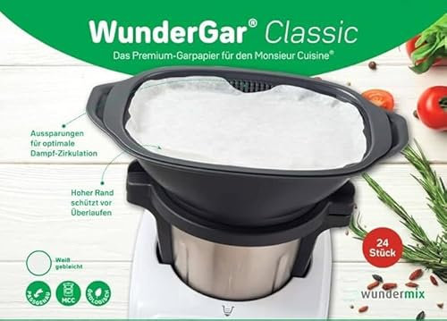 Wundermix - WunderGar® Dampfgarpapier (24 St.) für Monsieur Cuisine Smart, Connect & Trend & Edition Plus • 24 Backpapier mit extra hohem Rand • Classic (weiß)