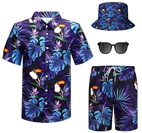 Harloon 4 Pcs Men's Hawaiian Shirt and Short Set Palm Casual Button Down Summer Beach Outfits with Bucket Hat and Sunglasses