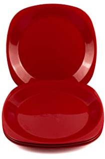 Buzztrove 4 Pcs Flat Plastic Plates | S/M/L Unbreakable Kids Plates for Outdoor Parties, Colorful Picnic Plates | E-Co Friendly Reusable Plastic Plates (Large 27 x 27cm, Red)