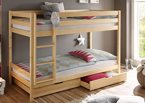 Homeline Natur Kinderbett Etagenbett mit Schublade und 2X Rolllattenrost Massiv Hochbett Spielbett Stockbett 90x200 cm Matratzen geeignet