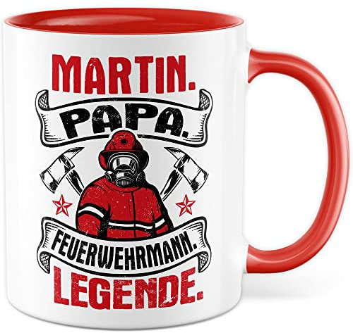 Feuerwehrmann Tasse Personalisierbar Geschenkidee Wunschname Kaffeetasse mit coolen Spruch Geschenk für Papa Vater Kaffeebecher Feuerwehr Becher (Weiß & Rot)