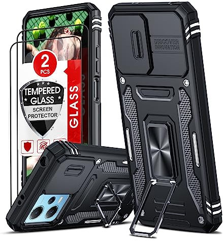 LeYi Kameraschutz Hülle für Xiaomi Redmi Note 12 5G/Poco X5 5G Ständer Handyhülle [2 Glasfolie Schutzfolie], Militär Standard Handy Cover Metall Ring Kamera Schutz Schiebeabdeckung Schutzhülle Schwarz