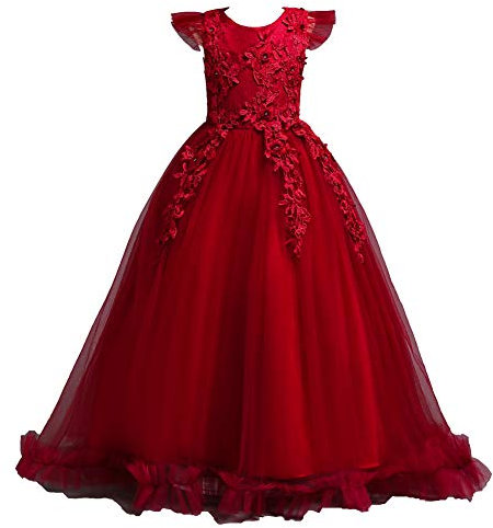 Valin Robe pour Filles Princesse Rouge sans Manche Robes de Bal Tulle Robe de Soirée de Mariage Enfants Dentelle 7-8 Ans,V833