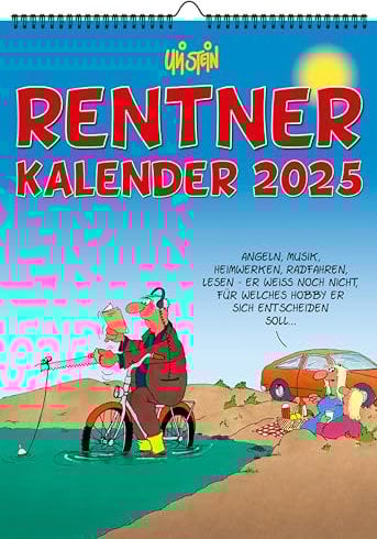 Uli Stein Kalender 2026 - Rentner Wandkalender + 5 Postkarten Geschenk - Spiralkalender für 2026 - Jahreskalender 2026 mit 12 Motiven & Spiralbindung - Cartoon Kalender