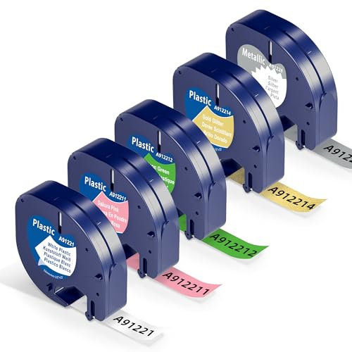 Wonfoucs 5x Etikettenband Ersatz für Dymo LetraTag 12mm x 4m, Kunststoff Schriftband kompatibel mit Dymo Beschriftungsgerät LT-100H LT-100T 200B XR, Weiß/Rosa/Grün/Gold Glitzer/Sliver