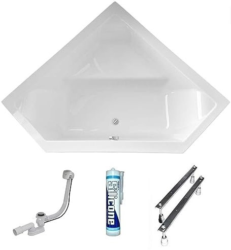 ECOLAM Baignoire d'angle acrylique symétrique IRMA 140 x 140 cm | pieds siphon silicone | Baignoire acrylique blanc | Ecoulement central