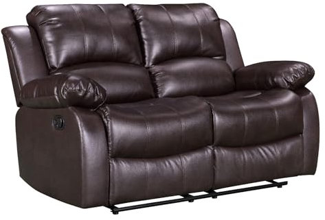 Faux PU Brown Leather Manual Lever 2 Seater Recliner Sofa – Durable PU Fabric, 3 – Position 160 Degree Easy Recline for Elderly, Loveseat for Lounge Gaming Living Room