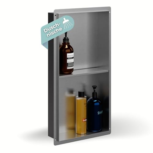 Mensola doccia 30 x 60 x 10 cm, argento – con cornice per nicchia, senza cornice, montaggio a incasso, in acciaio inox