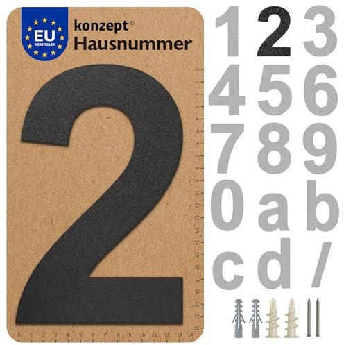 KONZEPT Hausnummer in Schwarz, Nummer 2, für Tür, Gebäude, Zimmer, aus massiven Stahl, mit witterungsbeständiger Zink- und Pulverbeschichtung