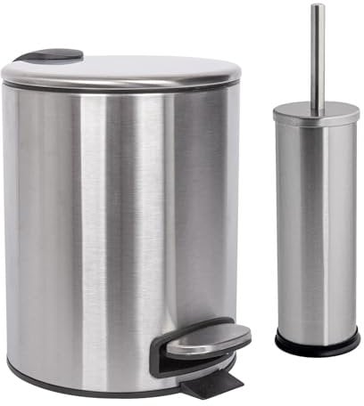 Harbour Housewares 5L Bathroom Bin & Brush Set - Brushed - 2pc Round Stainless Steel Pedal Bin & Toilet Brush Set Slim Small Trashcan for Kitchen Waste, Bathroom Rubbish