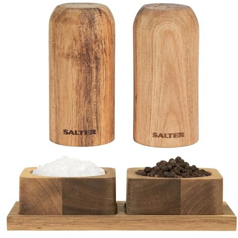 Salter COMBO-9158 Toronto Salt & Pepper Set – with Shakers and Pinch Pots, 2 Bowls with Storage Tray, Acacia Wood, Wooden Salt Pig, Compact, Refillable Seasoning Dispenser, Countertop & Kitchen Table