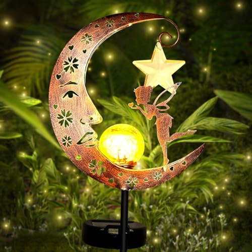 Mond-Solarleuchten Garten Solarlampen für Außen, Metall LED Freien Solarlampe für Außen Deko Terassendeko mit Blumenfee Figuren Wasserdichte Solarleuchte für Außen Draußen Terrasse, Rasen Deko