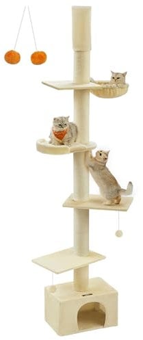 Feandrea Arbre à Chat du Sol au Plafond, Tour pour Chat Réglable en Hauteur 231-291 cm, à Plusieurs Niveaux, Griffoirs Épais, Perchoir, Beige PCT210Y01