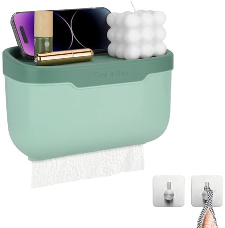 Portarrollo para Papel Higiénico Mural, Autoadhesivo Porta Rollos de Papel Higienico con 2 Ganchos, Soporte Papel Higienico para Baño y Cocina, Impermeable y Antipolvo(Verde Oliva)