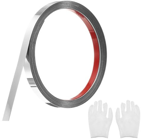 QUARKZMAN Baguette de Moulure Auto-Adhésive en Acier Inoxydable, Argent Miroir Autocollant, avec Gant, Moulure Décorative pour Miroir Mural, 0,4 x 9,8 Pieds