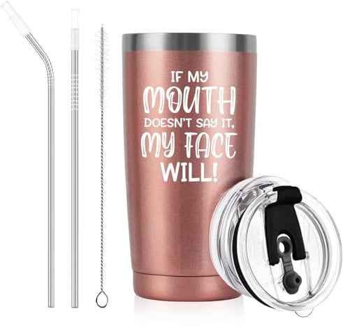 Livole Christmas Gifts for Women, Her, Best Friend, Funny Secret Santa Gifts, If My Mouth Doesn’t Say It, My Face Will, Novelty Gifts for Her, Women, Womens Birthday Presents, Insulated Wine Glass