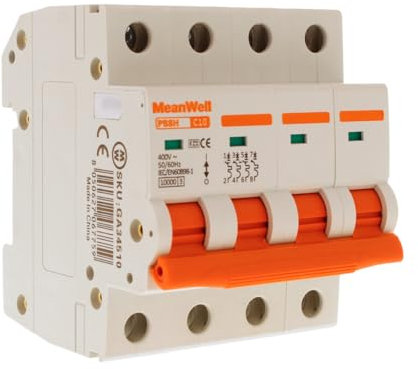 MeanWell Disjoncteur triphasé, Disjoncteur magnétothermique Courbure C, 4P 10000A, 4 modules DIN, Miniatures Circuit Breaker, MCB 4P C10 10A