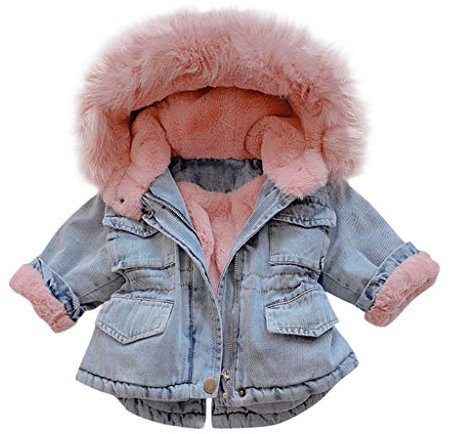 Toddler Girls Denim Winter Thicken Faux Fur Hooded Parka Jacket Sherpa Fleece Lined Denim Jacket Cowgirl Coat Girls Warm Windproof Coats Vintage Denim Jacket (Pink, 5-6 Years)