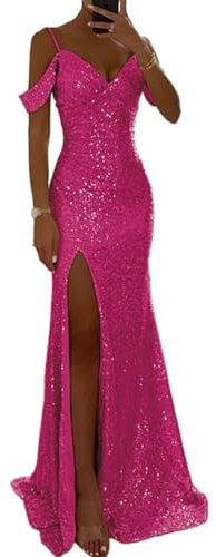 shownicer Robe de Soirée Cocktail Femme Élégante Col V à Paillettes Robe Longue Sexy Slim Robe Fendues à Sequins Mode Maxi Dress D Rose S