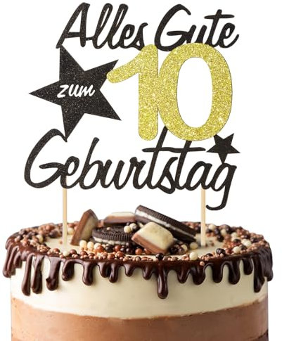 BOOMTOP Torten Deko 10 Geburtstag Deko Kuchen Junge Mädchen Happy 10th Birthday Cake Topper Alles Gute zum Geburtstag 10 Jahre Kindergeburtstag Kuchen Topper 10 Geburstagstorte Deko Gold Schwarz