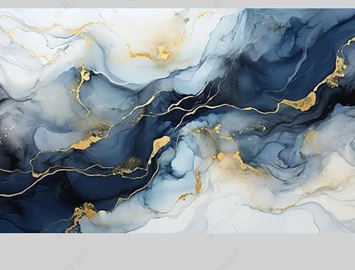 MZOwallpaper Papier Peint Intissé Marbre Bleu Foncé Poster Tableaux Muraux Tapisserie Photo Trompe L'Oeil Salon Chambre Art Mural 400Cm(L) X280Cm(H)