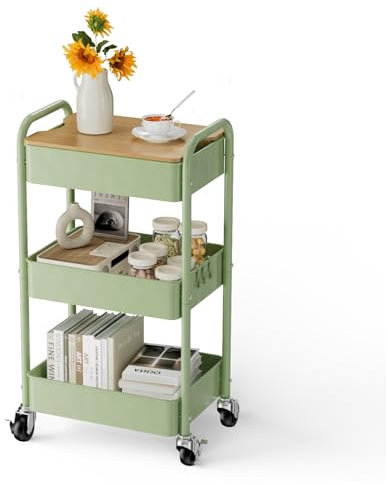 Shrivee 3 Tier Rolling Cart with Table top, Metal Rolling Utility Cart on Wheels, Sturdy Storage Organizer Cart with Hooks for Office, Classroom, Kitchen and Bathroom (Green)