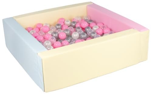 Velinda Piscine à balles carrée avec 300 balles, Cuir écologique, 5 éléments (Couleur de la Piscine/de balles: Rose, Bleu, Jaune (Pastel)/Perle, Transparent, Rose Clair, Argent)
