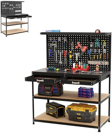 SOARS Werkbank mit Lochwänden, Werkzeugbank Metall mit 3 offenen Regalen & Zubehörteilen zum Aufhängen für Garage, Werkstatt (Schwarz, 121 x 61 x 156 cm)