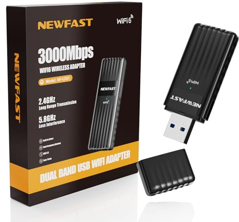 NEWFAST WiFi 6 AX3000 Wireless Adapter USB 3.0 High Gain Dual-Band USB Wi-Fi Dongle for PC, Wifi Adapter Supports Windows 10/11, Built-in 5dBi Antennas, Low-Latency Gaming, WPA3, Built-in Driver