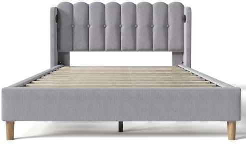 SogesPower Polster Doppelbett USB Ladefunktion 160x200 cm Grau Leinen Stabiles Stahl Holz Gestell Für Schlafzimmer und Gästebereich