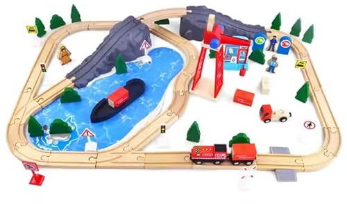ACOOLTOY Montessori Holz Eisenbahn Set My Busy Town – 80-teiliges Deluxe Set mit Brücke, Hafen & Zubehör – Lernspielzeug ab 2 3 4 5 Jahren – Top Geschenkidee für Kinder