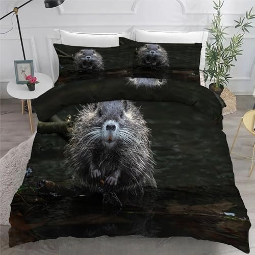 KaiHeBeding Beaver Double Size Duvet Cover Sets, Animals Microfiber Bedding Sets King Size Ultrasoft Hypoallergenic Quilt Cover With Zipper Closure and 2 Pillowcases 50x75cm