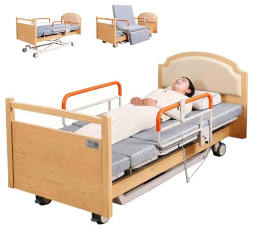Juodkeo Verstellbares multifunktionales Vollholz-Elektro-Krankenhausbett für Senioren und Postoperierte, Griffschienen (90° nach links drehen), Bett und Stuhl per Knopfdruck