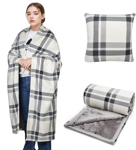 SIVENKE Tragbare Decke Kompaktes Kissen 2-in-1-Schoßdecke Damen Poncho Fleece mit Knopf Karierte Tagesdecke Kissen für Bett, Sofa, Büro