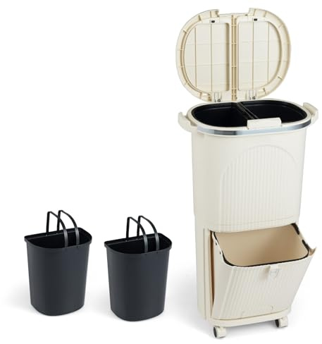 GOPLUS Poubelles Cuisine Mobile 74,5 CM, Poubelle Tri Selectrif à 3 Bacs Double Récipient avec Couvercle, Seau Amovible 12Lx2 Panier Pédale 14L, 4 Roulettes et Poignées (38L|2 Couvercles,Beige|3 Bacs)