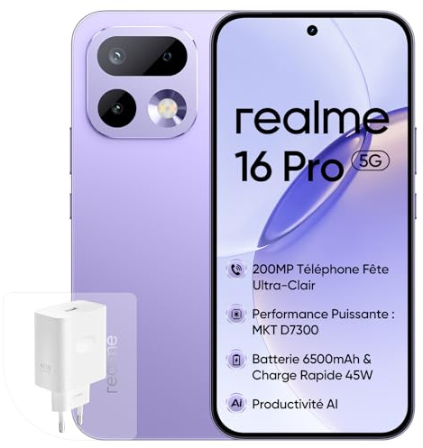 realme 16 Pro 5G Smartphone, 8+ 8+512GB, Fotocamera 200MP OIS, Batteria 6500mAh, Display Piatto 6,78 144Hz, Ricarica Rapida 45W, Funzioni AI, IP69, Dual SIM, Viola (con Adattatore)