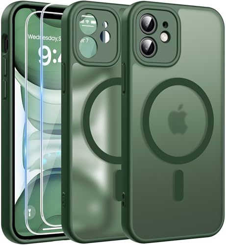 FLLAO for iPhone 11 Case, Magnetic Bumper Phone Case with 2 Tempered Glass Screen Protector, Full Camera Protection, Military-Grade Shockproof, Slim Translucent Matte Cover, Green