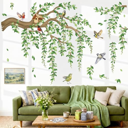 Peelora Tree Branch Hanging Vine Green Leaves Wall Decals Stickers XXL | Peel and Stick Decals for Walls, DIY Wall Art Stickers, Removable & Wall‑Safe, Vibrant Colors Decor for Bedroom, Living Room