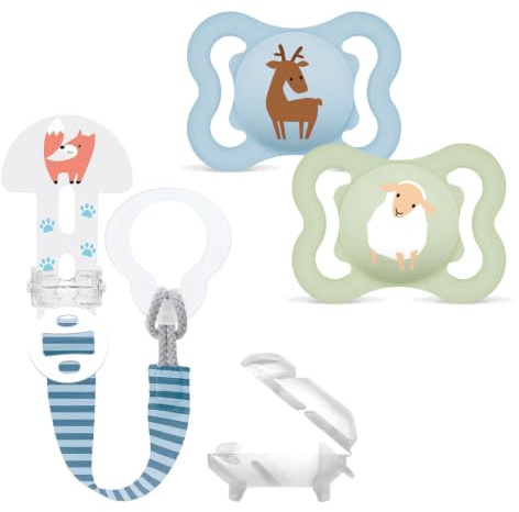 MAM Original Schnuller Skin Soft Silikon Schnuller 0-6 // 2er Set // inkl. Sterilisiertrasportbox // inkl. MAM Clip it ! Fashion & Cover Schnullerband mit Saugerschutz, längenverstellbar, waschbar