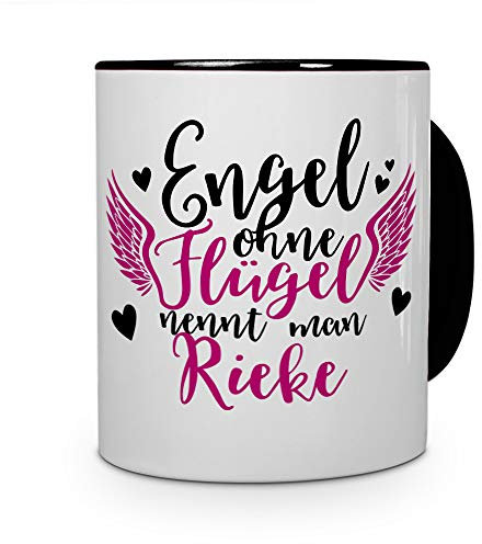 printplanet Tasse mit Namen Rieke - Motiv Engel - Namenstasse, Kaffeebecher, Mug, Becher, Kaffeetasse - Farbe Schwarz