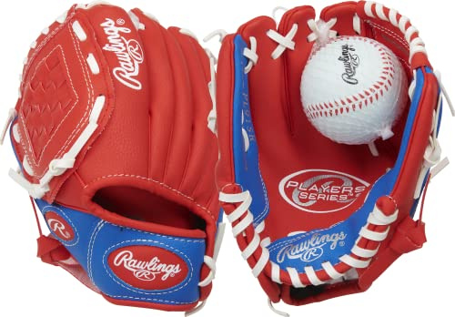 Rawlings | PLAYERS Series T-Ball & Youth Baseball Glove | Left Hand Throw | 9 | Red/Blue with Ball