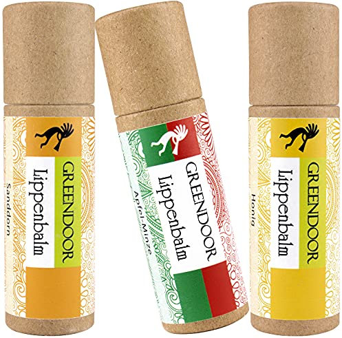 GREENDOOR Lippenpflege-Set CLASSIC, Apfel Minze, Sanddorn, Honig - die 3 beliebtesten natürlich pflegenden Lippenbalsam Lippen-Pflegestifte zum Sparpreis | Naturkosmetik mit Bio Jojoba, plastikfrei